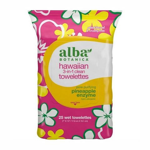 Alba Botanica, Hawaiian 3-In-1 Towelettes Pineapple Enzyme, 25 Count (Wet Towelettes)