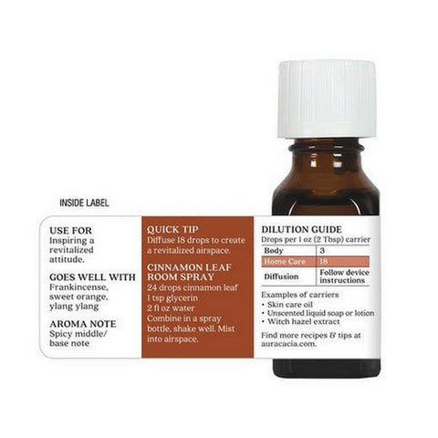 Aura Cacia, Pure Essential Oil Cinnamon Leaf, (cinnamomum zeylanicum) 0.5 Fl Oz