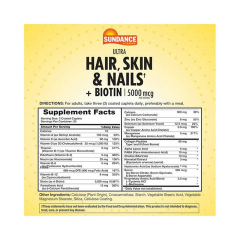 Sundance, Ultra Hair - Skin & Nails + Biotin Coated Caplets, 5000 mcg, 60 Tabs