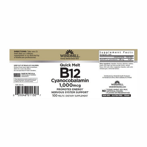 Windmill Health, Vitamin B12, 1000mcg, Sublingual 100 Tabs
