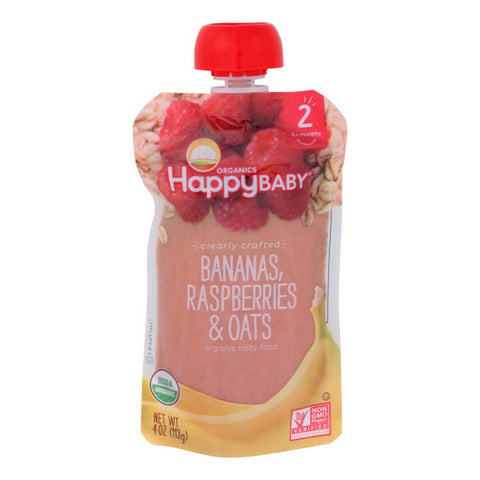 Happy Baby Food, Clearly Crafted Bananas Raspberries And Oats Stage-2, 4 Oz(Case Of 16)