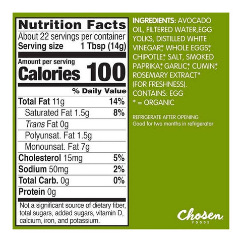 Chosen Foods, Chipotle Avocado Oil Mayo Squeeze, 11.25 Oz