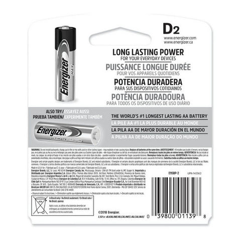 Energizer, Max Alkaline Batteries D, 2 Each