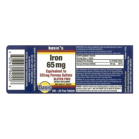 Basic Vitamins, Iron Ferrous Sulfate, 65 Mg, 100 Tabs