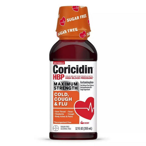Coricidin Hbp, Maximum Strength Cough Cold Flu Liquid Cherry, 12 Oz