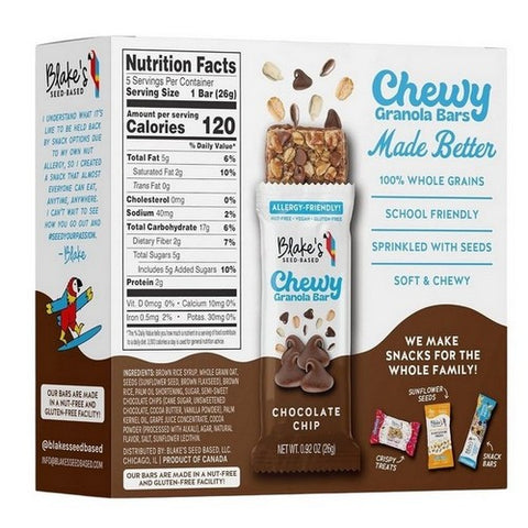 Blakes Seed Based, Chewy Granola Bar Chocolate Chip, 4.6 Oz(Case Of 6)