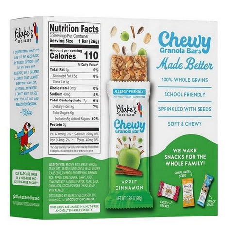 Blakes Seed Based, Chewy Granola Bars Apple Cinnamon Nut Free, 4.6 Oz(Case Of 6)