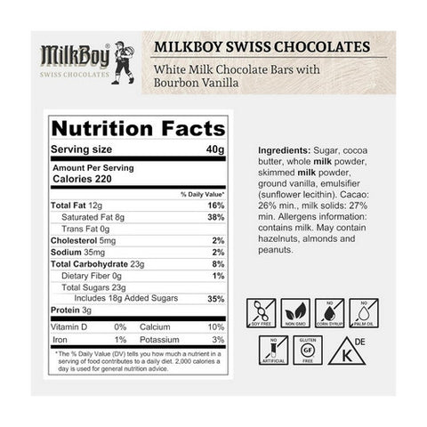Milkboy Swiss Chocolate, White Chocolate With Bourbon Vanilla, 3.5 Oz(Case Of 10)