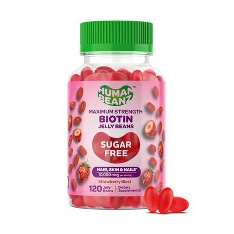 Human Beanz, Biotin Sugar Free Maximum Strength Hair Skin And Nails Strawberry Blast, 120 Count