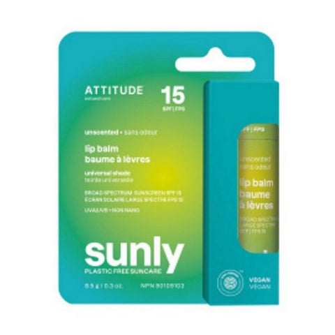 Attitude, Lip Balm SPF 15 Sunly Plastic Free Unscented, 0.3 Oz