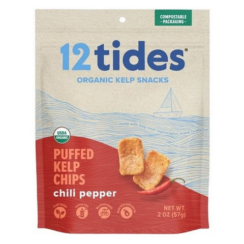 12 Tides, Organic Puffed Kelp Chips Chili Pepper Pouch, 2 Oz (Case of 8)