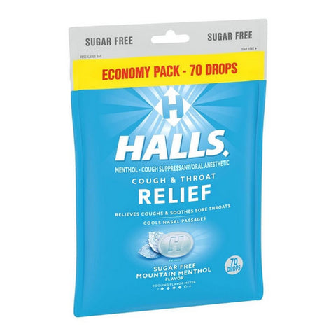 Halls, Cough Suppressant Oral Anesthetic Drops Sugar Free Mountain Menthol Flavor, 70 Count