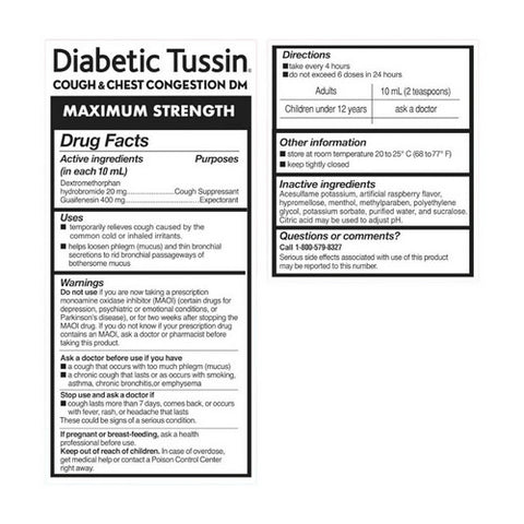 Diabetic Tussin, Maximum Strength Cough And Chest Congestion DM Liquid Berry, 8 Oz
