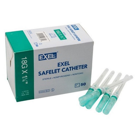 Exel, Disposable Safelet IV Catheters 18G X 1.25, 50 Count