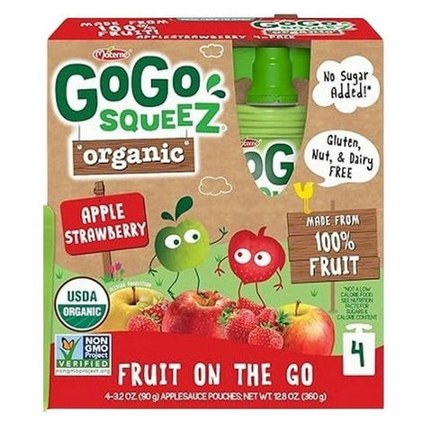 Gogo Squeez, Organic Applesauce Fruit Pouches Apple Strawberry, 3.2 Oz X 4 Count (Case Of 12)