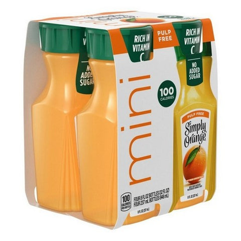 Simply Beverages, Orange Juice Pulp Free Mini Bottles, 8 Oz X 4 Count (Case Of 6)