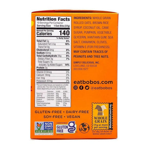 Bobos, Pumpkin Spice Oat Bites, 1.3 Oz X 10 Count (Case Of 4) Bobos