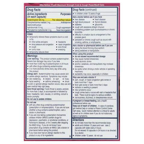 Alka-Seltzer, Cold And Cough Maximum Strength Power Max Liquid Gels, 24 Count (Case Of 3)