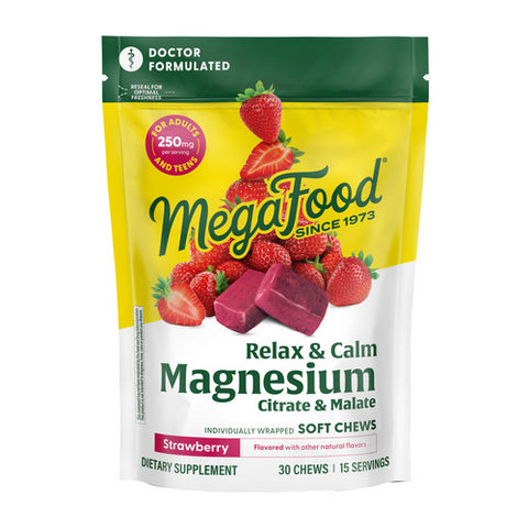 MegaFood, Relax + Calm + Magnesium Soft Chews Strawberry Flavor, 30 Chews