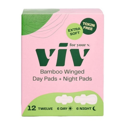 Bamboo Day And Night Menstrual Pads With Wings 12 Count by Viv For Your V