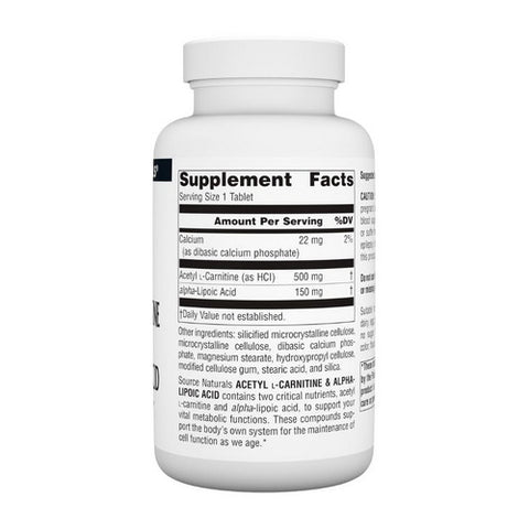 Source Naturals, Acetyl L-Carnitine And Alpha-Lipoic Acid, 650 Mg, 120 Tabs